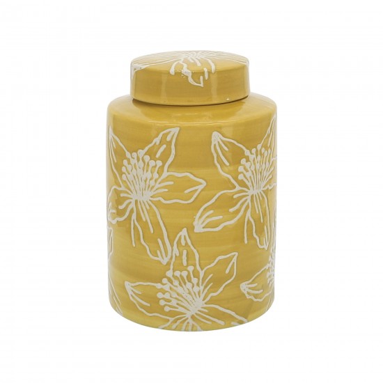 Cer, 9"h Flower Jar W/ Lid, Yellow
