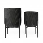 Ginkgo Metal Matte Black Floor Planters S2