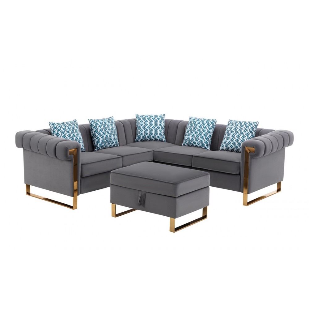 Maddie Gray Velvet 5-Seater Sectional Sofa with Storage Ottoman