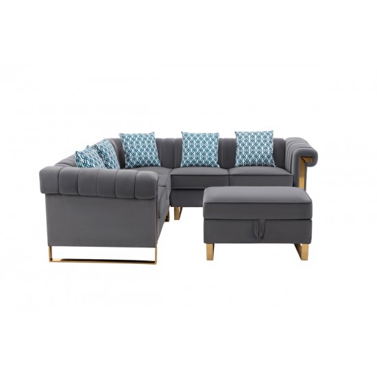 Maddie Gray Velvet 5-Seater Sectional Sofa with Storage Ottoman