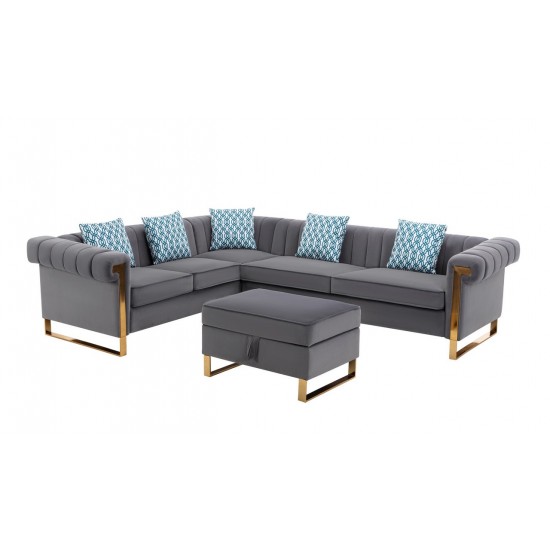 Maddie Gray Velvet 6-Seater Sectional Sofa with Storage Ottoman