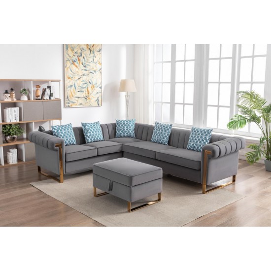 Maddie Gray Velvet 6-Seater Sectional Sofa with Storage Ottoman