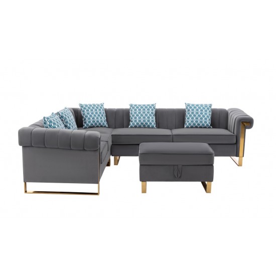 Maddie Gray Velvet 6-Seater Sectional Sofa with Storage Ottoman