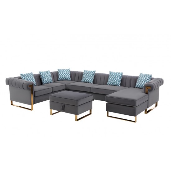 Maddie Gray Velvet 7-Seater Sectional Sofa Reversible Chaise and Storage Ottoman