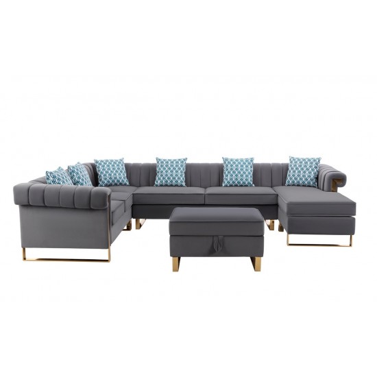 Maddie Gray Velvet 7-Seater Sectional Sofa Reversible Chaise and Storage Ottoman