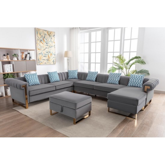 Maddie Gray Velvet 8-Seater Sectional Sofa Reversible Chaise and Storage Ottoman