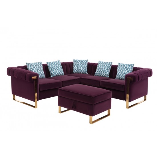 Maddie Purple Velvet 5-Seater Sectional Sofa with Storage Ottoman