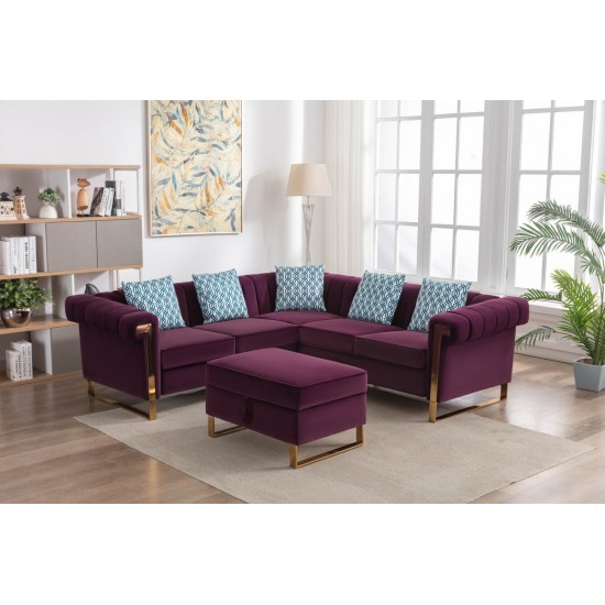 Maddie Purple Velvet 5-Seater Sectional Sofa with Storage Ottoman