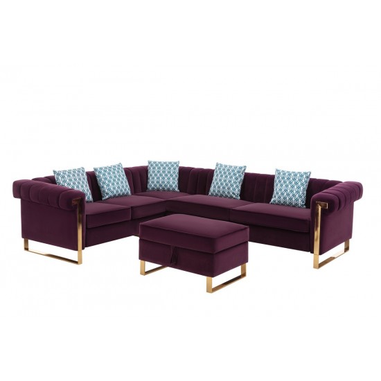 Maddie Purple Velvet 6-Seater Sectional Sofa with Storage Ottoman