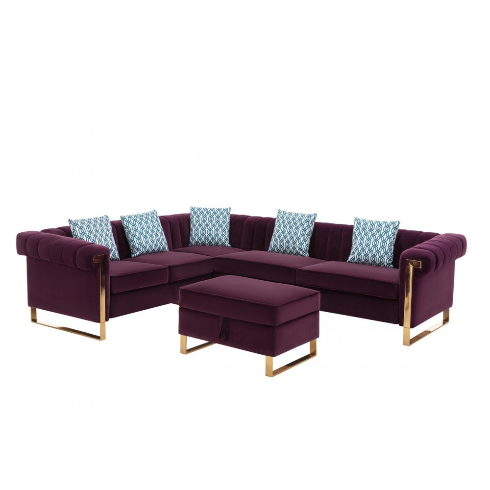 Maddie Purple Velvet 6-Seater Sectional Sofa with Storage Ottoman