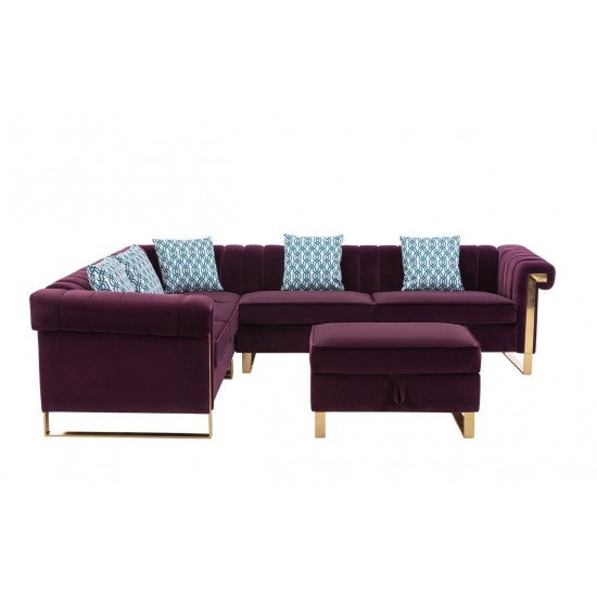 Maddie Purple Velvet 6-Seater Sectional Sofa with Storage Ottoman