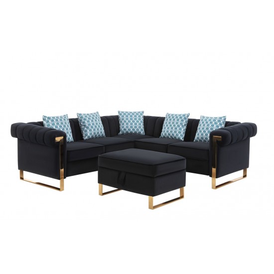 Maddie Black Velvet 5-Seater Sectional Sofa with Storage Ottoman