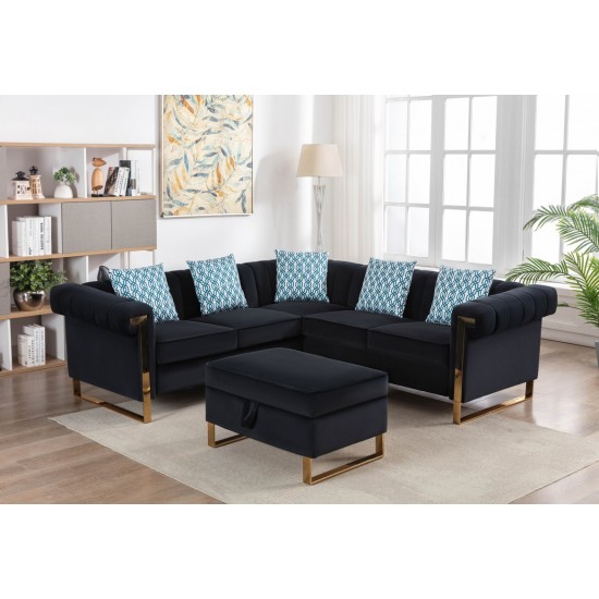 Maddie Black Velvet 5-Seater Sectional Sofa with Storage Ottoman