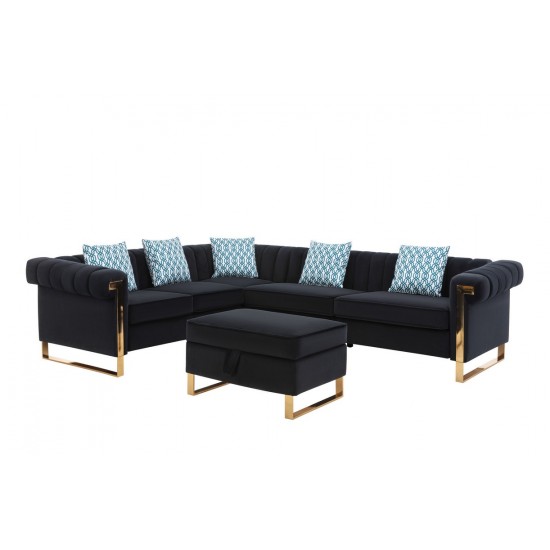 Maddie Black Velvet 6-Seater Sectional Sofa with Storage Ottoman