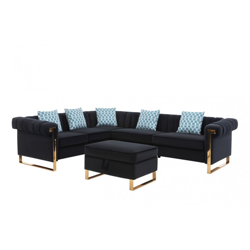 Maddie Black Velvet 6-Seater Sectional Sofa with Storage Ottoman