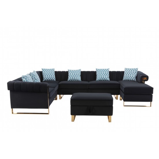 Maddie Black Velvet 7-Seater Sectional Sofa Reversible Chaise Storage Ottoman