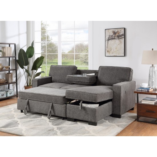 Estelle Dark Gray Reversible Sleeper Sectional Chaise Table 2 Cup Holders 2 USB