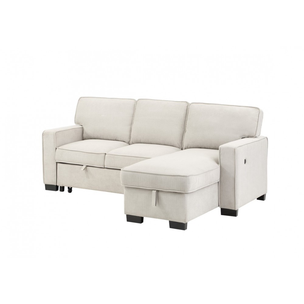 Estelle Beige Reversible Sleeper Sectional Chaise Drop-Down Table 2 Cup Holders