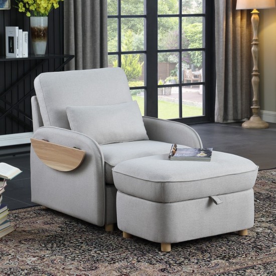 Huckleberry Light Gray Linen Accent Chair Storage Ottoman Folding Side Table