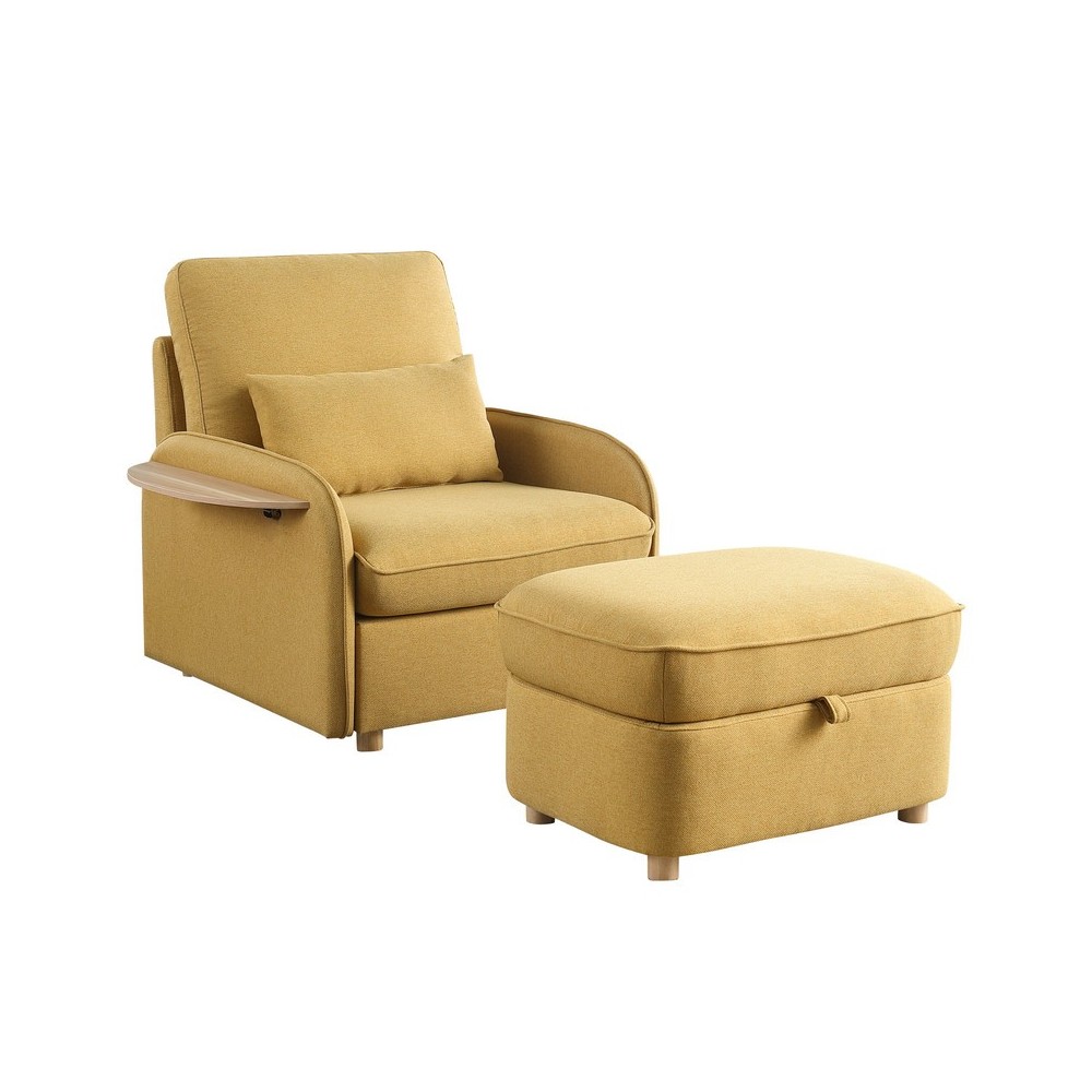 Huckleberry Yellow Linen Accent Chair Storage Ottoman and Folding Side Table