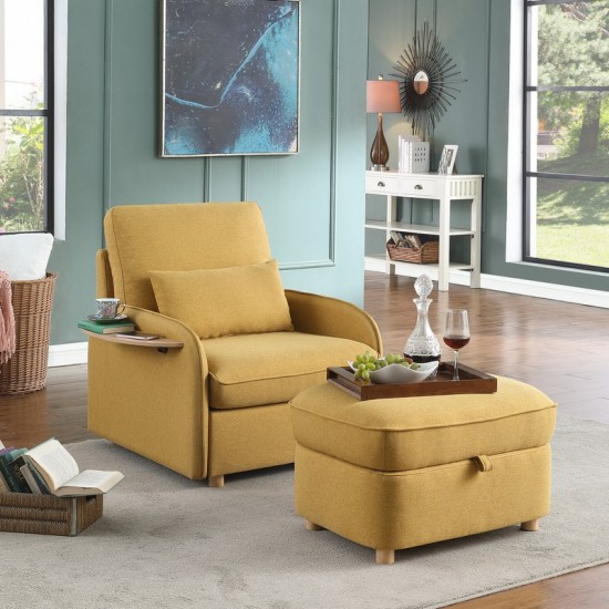 Huckleberry Yellow Linen Accent Chair Storage Ottoman and Folding Side Table