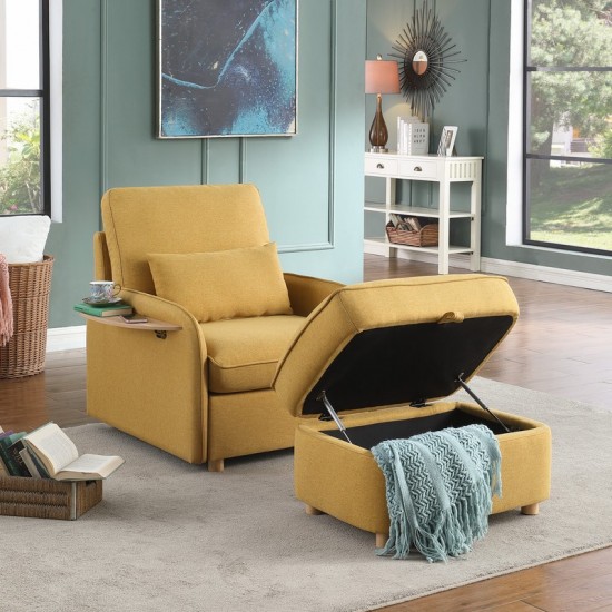 Huckleberry Yellow Linen Accent Chair Storage Ottoman and Folding Side Table