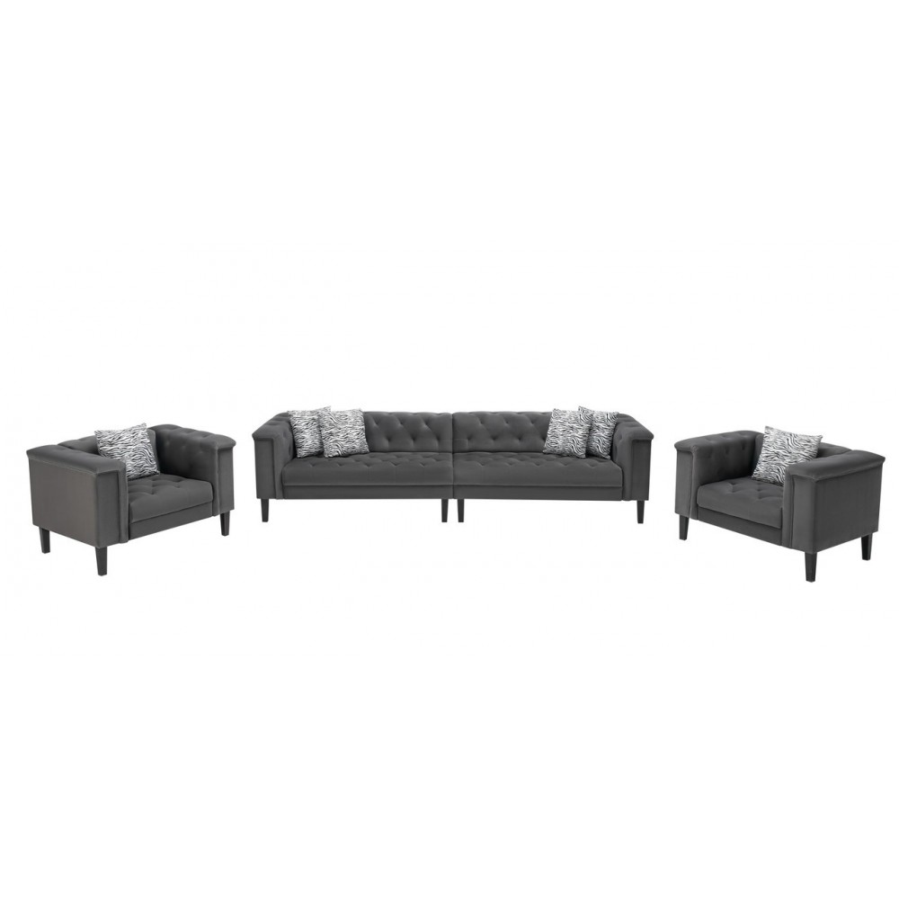 Mary Dark Gray Velvet Tufted Sofa 2 Chairs Living Room Set With 6 Accent Pillows