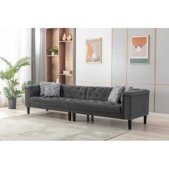 Mary Dark Gray Velvet Tufted Sofa With Accent 4 Pillows