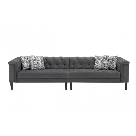 Mary Dark Gray Velvet Tufted Sofa With Accent 4 Pillows