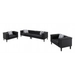 Sarah Black Vegan Leather Tufted Sofa 2 Chairs Living Room Set 6 Accent Pillows