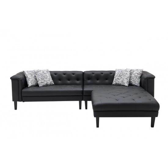 Sarah Black Vegan Leather Tufted Sofa Ottoman Living Room Set 4 Accent Pillows