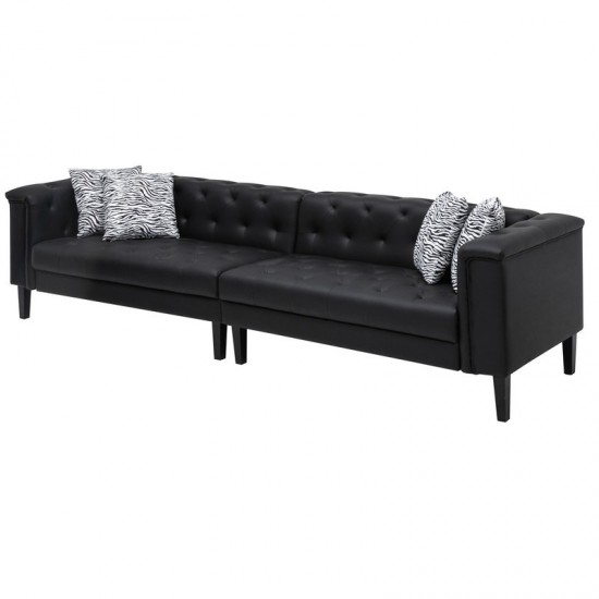 Sarah Black Vegan Leather Tufted Sofa Ottoman Living Room Set 4 Accent Pillows