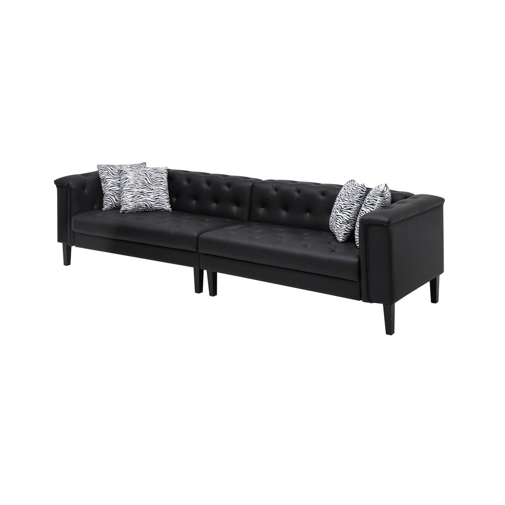 Sarah Black Vegan Leather Tufted Sofa With 4 Accent Pillows