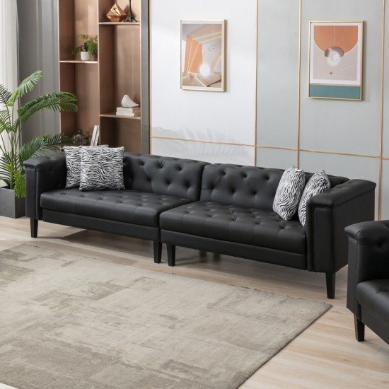 Sarah Black Vegan Leather Tufted Sofa With 4 Accent Pillows