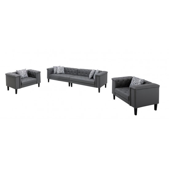 Sarah Gray Vegan Leather Tufted Sofa 2 Chairs Living Room Set 6 Accent Pillows
