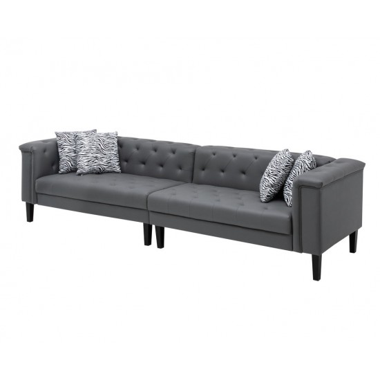 Sarah Gray Vegan Leather Tufted Sofa With 4 Accent Pillows