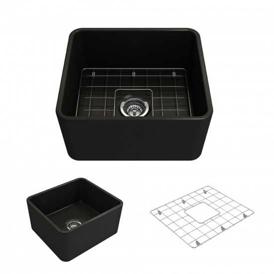 Classico Farmhouse Apron Front Fireclay 20 in. Single Bowl Kitchen Sink with Protective Bottom Grid and Strainer in Matte Bla