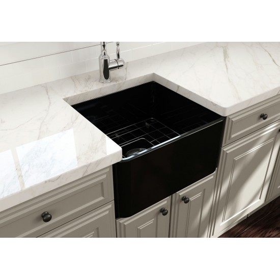 Classico Farmhouse Apron Front Fireclay 20 in. Single Bowl Kitchen Sink with Protective Bottom Grid and Strainer in Matte Bla