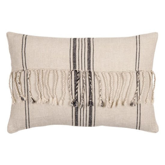 Surya Linen Stripe Embellished Pillow Cover 13"H X 20"W Cream & Light Beige