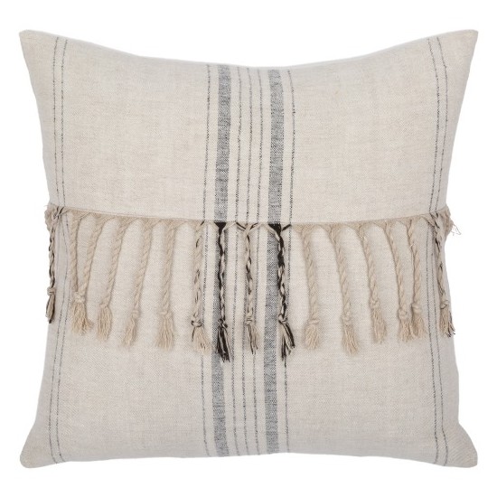 Surya Linen Stripe Embellished Pillow Cover 22"H X 22"W Cream & Light Beige