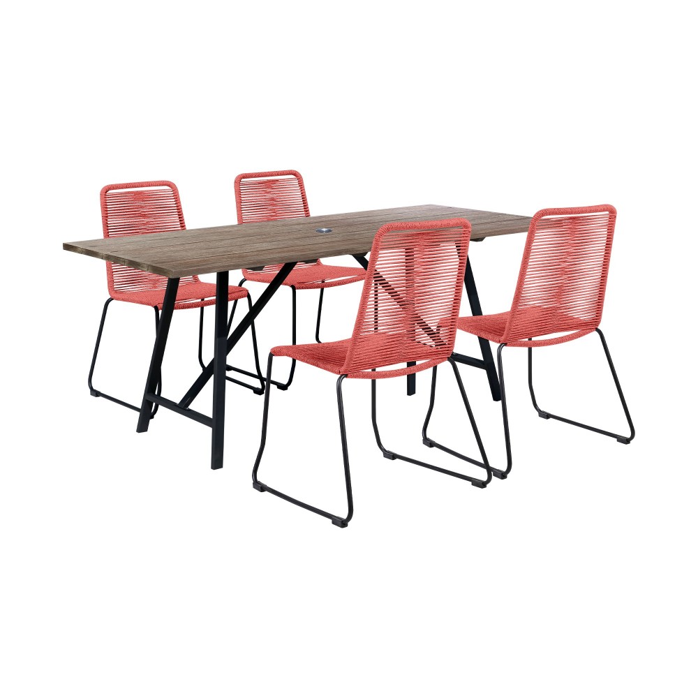 Koala and Shasta 5 Piece Patio Dining Set in Light Eucalyptus Wood and Red Rope