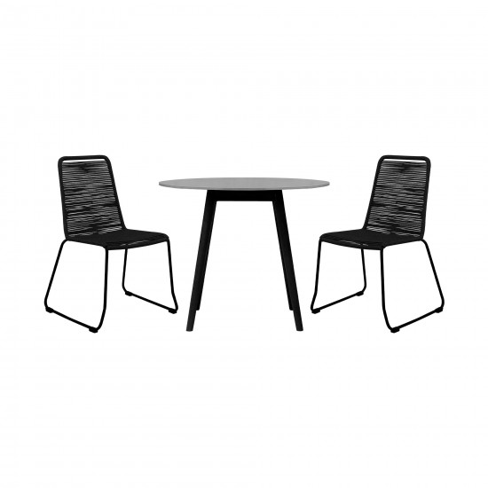 3 Piece Patio 36" Dining Set in Black Eucalyptus Wood and Black Rope