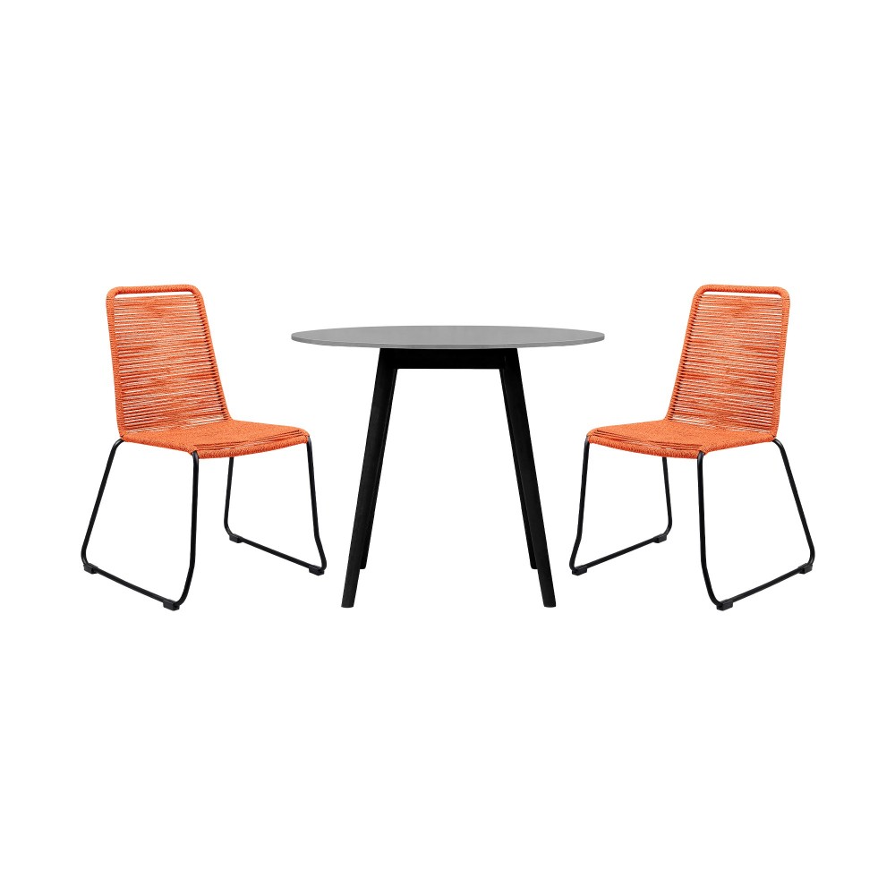 Sydney and Shasta 3 Piece Patio 36" Dining Set in Black Wood and Tangerine Rope