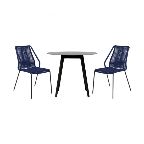 Sydney and Clip 3 Piece Patio 36" Dining Set in Black Eucalyptus Wood and Blue