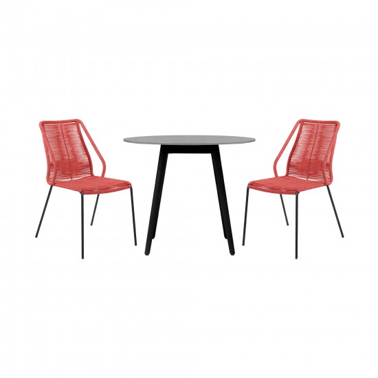 Sydney and Clip 3 Piece Patio 36" Dining Set in Black Eucalyptus Wood and Red