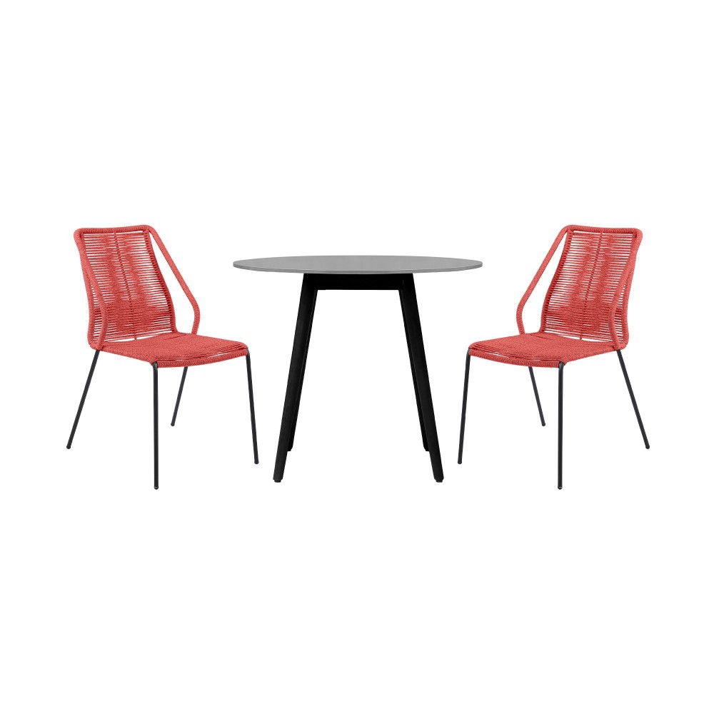 Sydney and Clip 3 Piece Patio 36" Dining Set in Black Eucalyptus Wood and Red