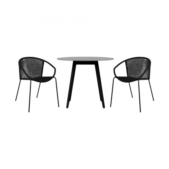 3 Piece Patio 36" Dining Set in Black Eucalyptus Wood and Black