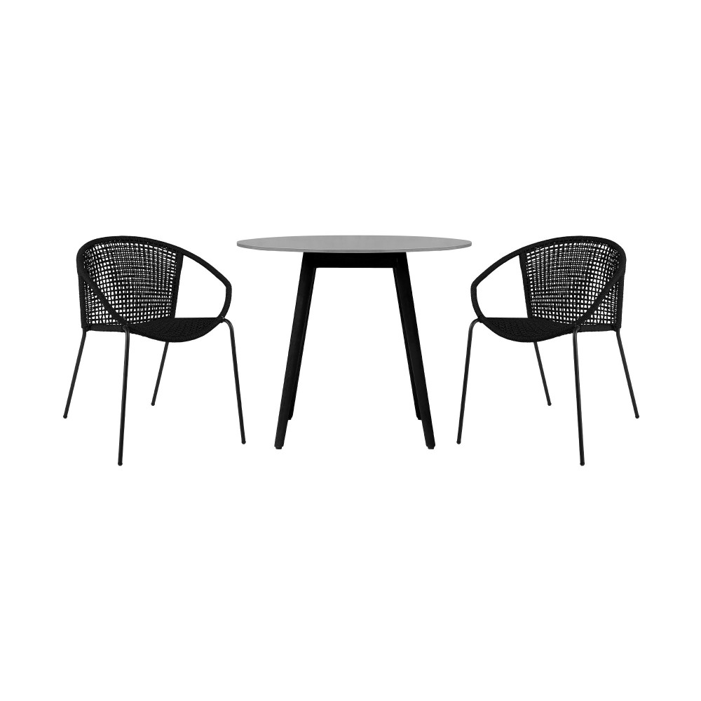 3 Piece Patio 36" Dining Set in Black Eucalyptus Wood and Black