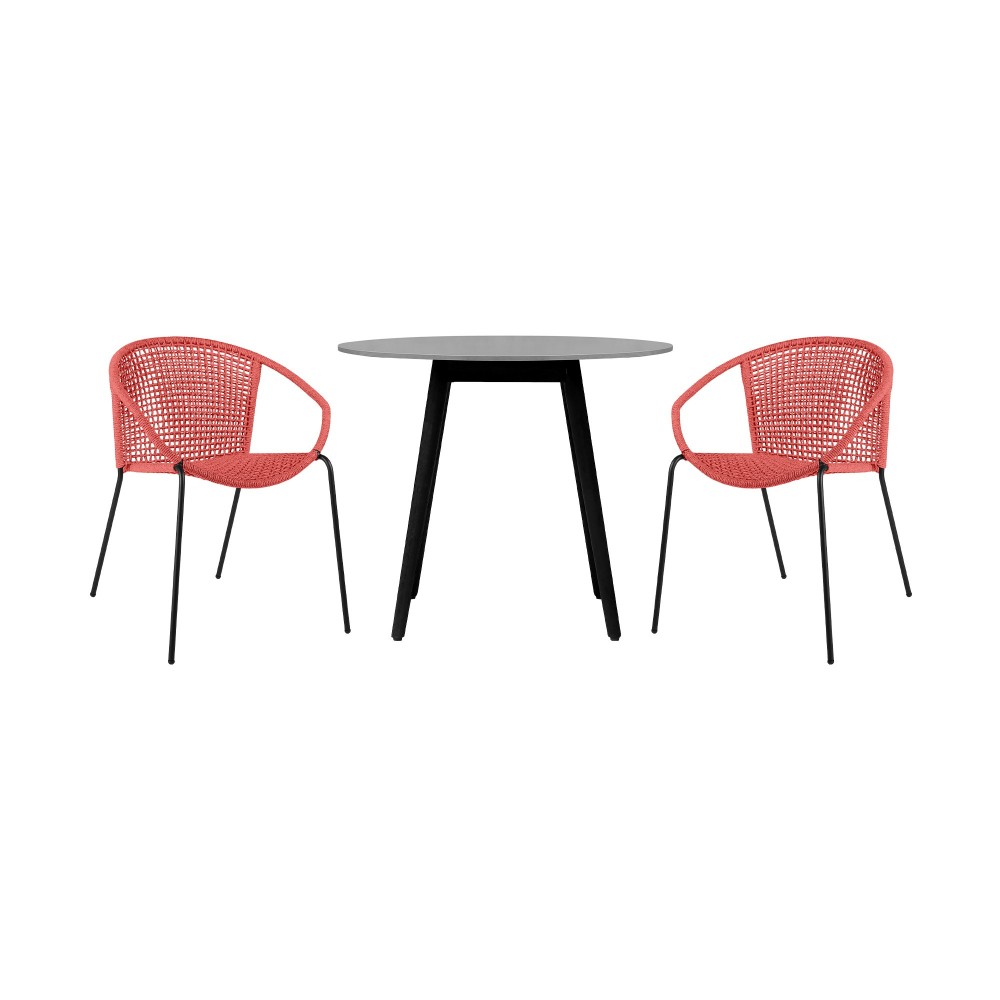 Sydney and Snack 3 Piece Patio 36" Dining Set in Black Eucalyptus Wood and Red