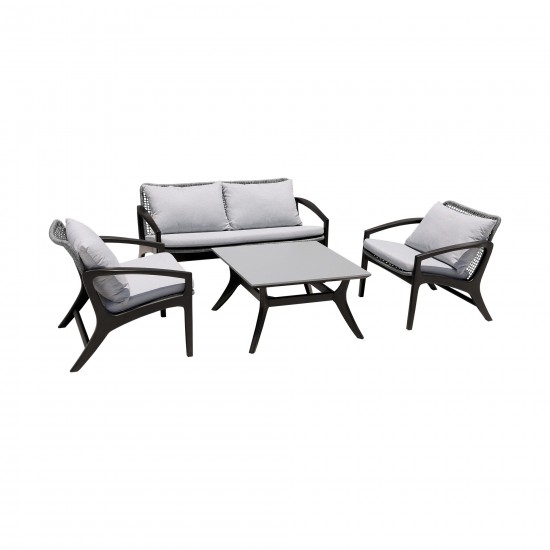 Brighton 4 Piece Patio Seating Set in Dark Eucalyptus Wood with Grey Rope